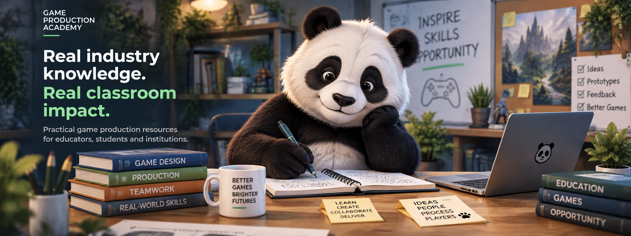 Production Panda studying in a classroom. Real industry knowledge. Real classroom impact. Practical game production resources for educators, students and institutions.