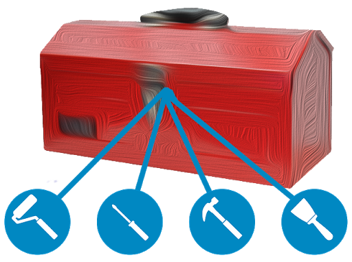 Toolbox connected to four different tool symbols, illustrating a choice of tools for different work.
