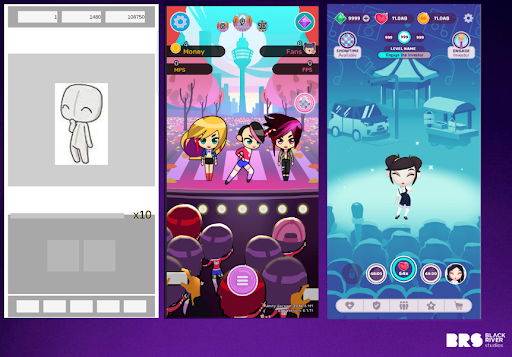 Three game screens showing progression from a grey prototype to fully illustrated character and interface screens.