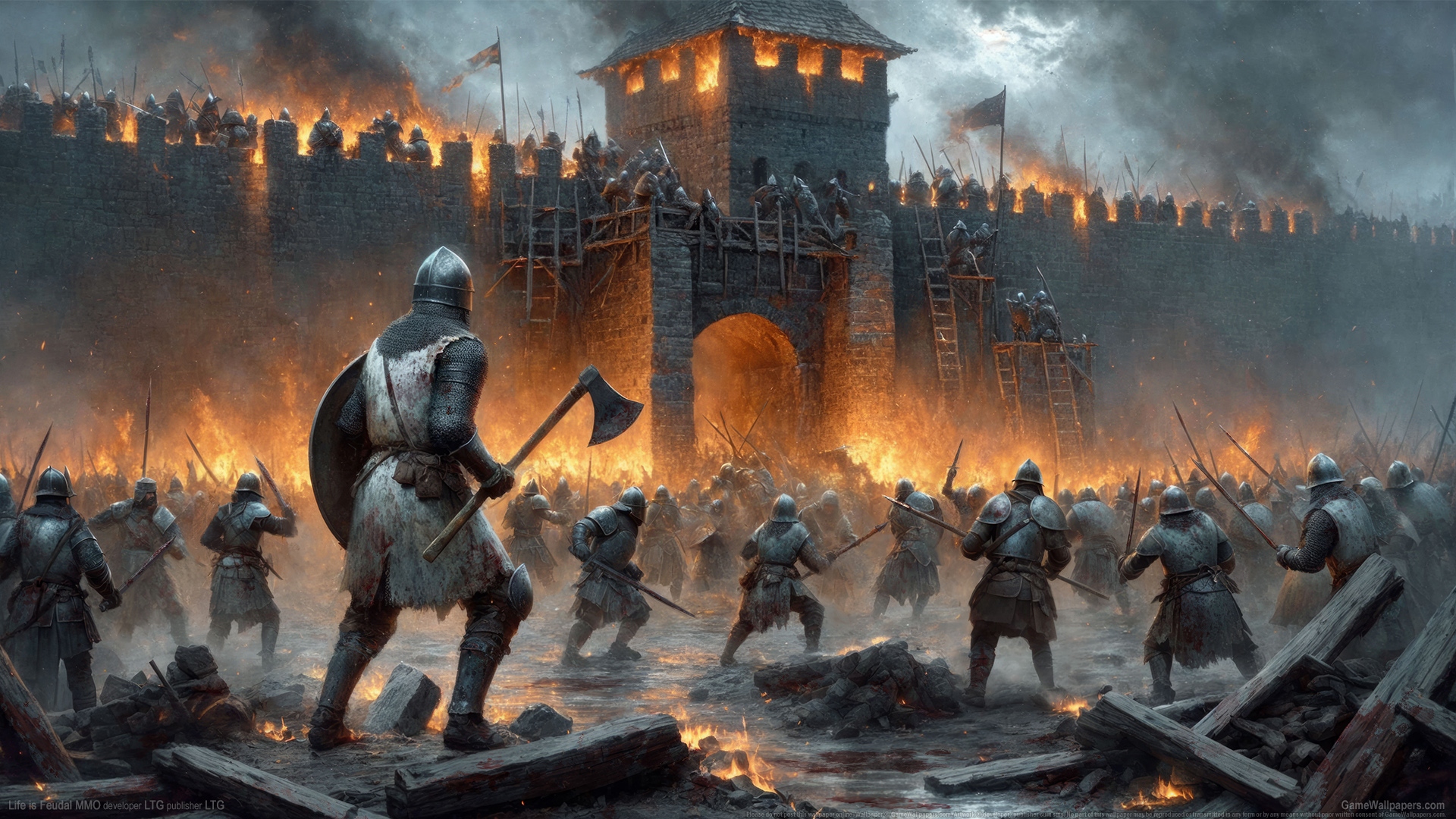 Fantasy battle scene outside a burning fortress.