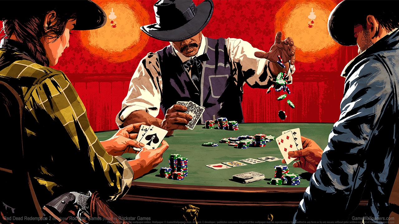 Red Dead Redemption 2 artwork showing people playing cards around a table.