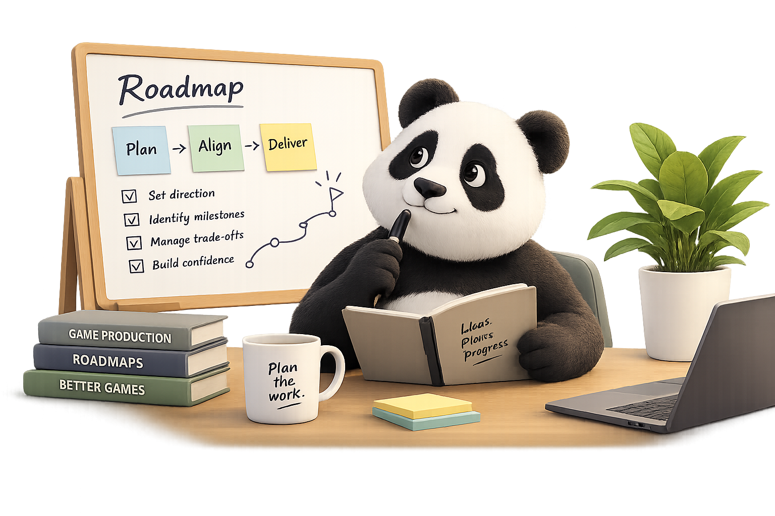 Production Panda reviews a roadmap beside a planning board, notebook and production books.
