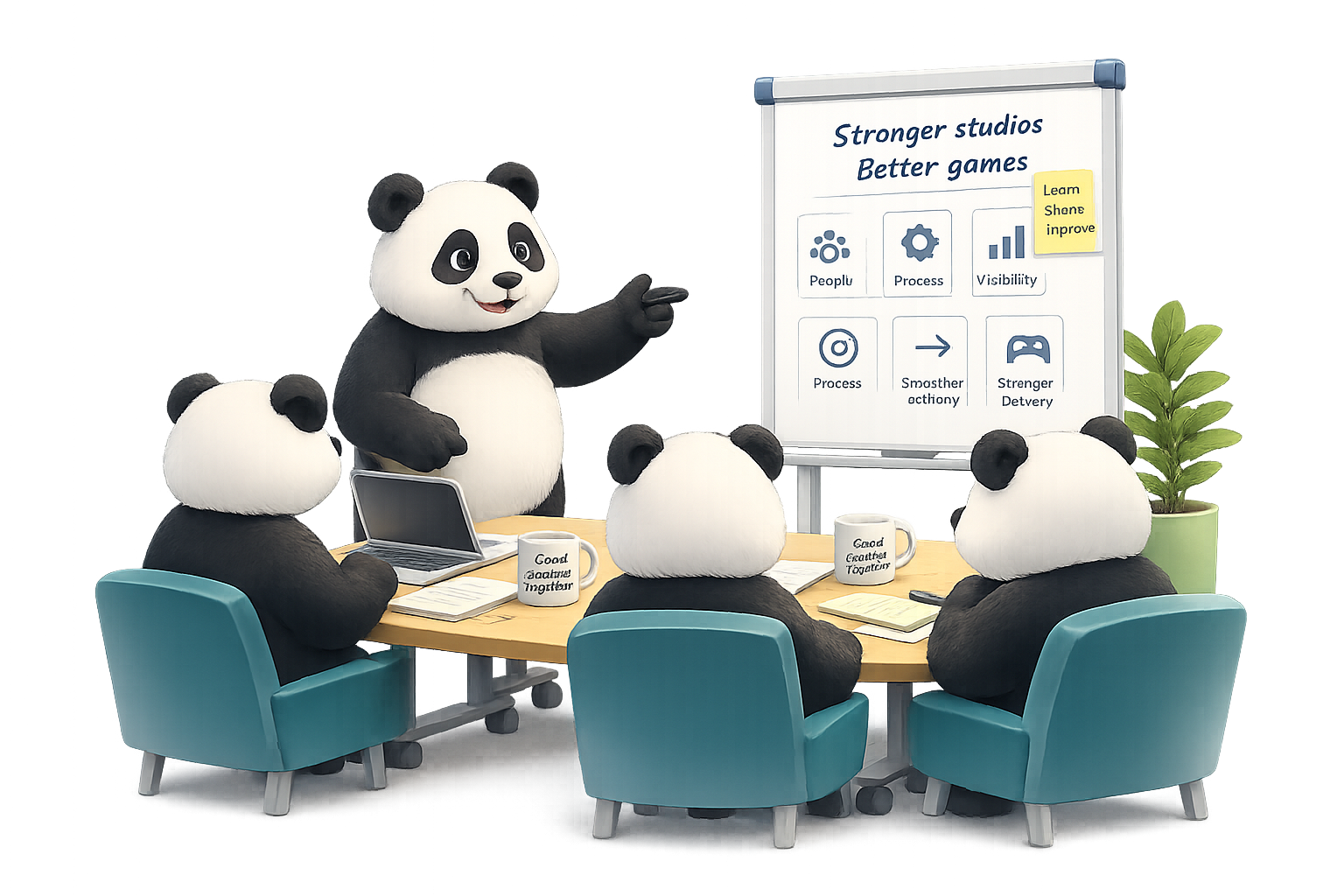 Production Panda leads a studio training session around a shared planning table.