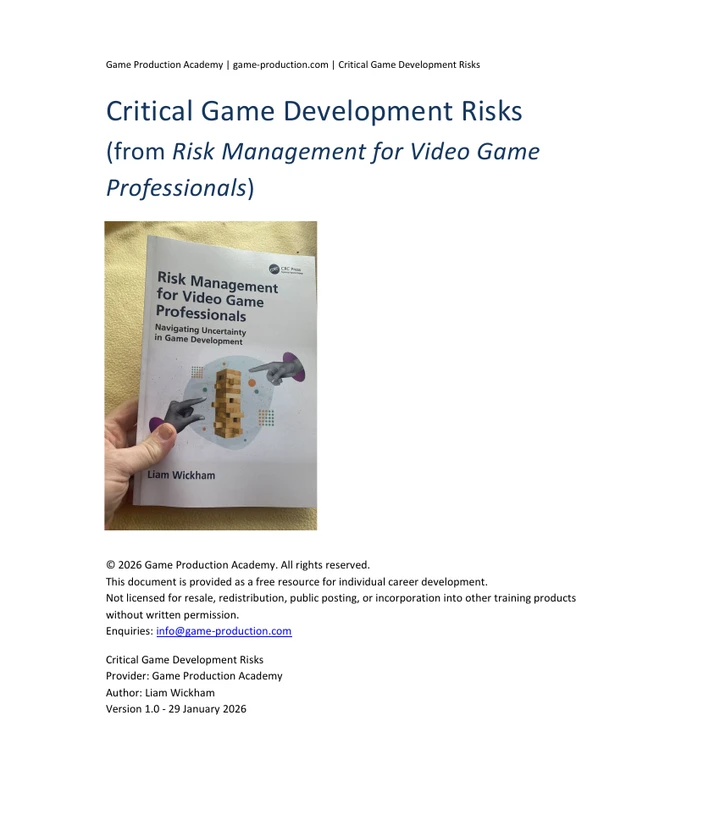 Cover of the Critical Game Development Risks PDF, featuring Risk Management for Video Game Professionals.