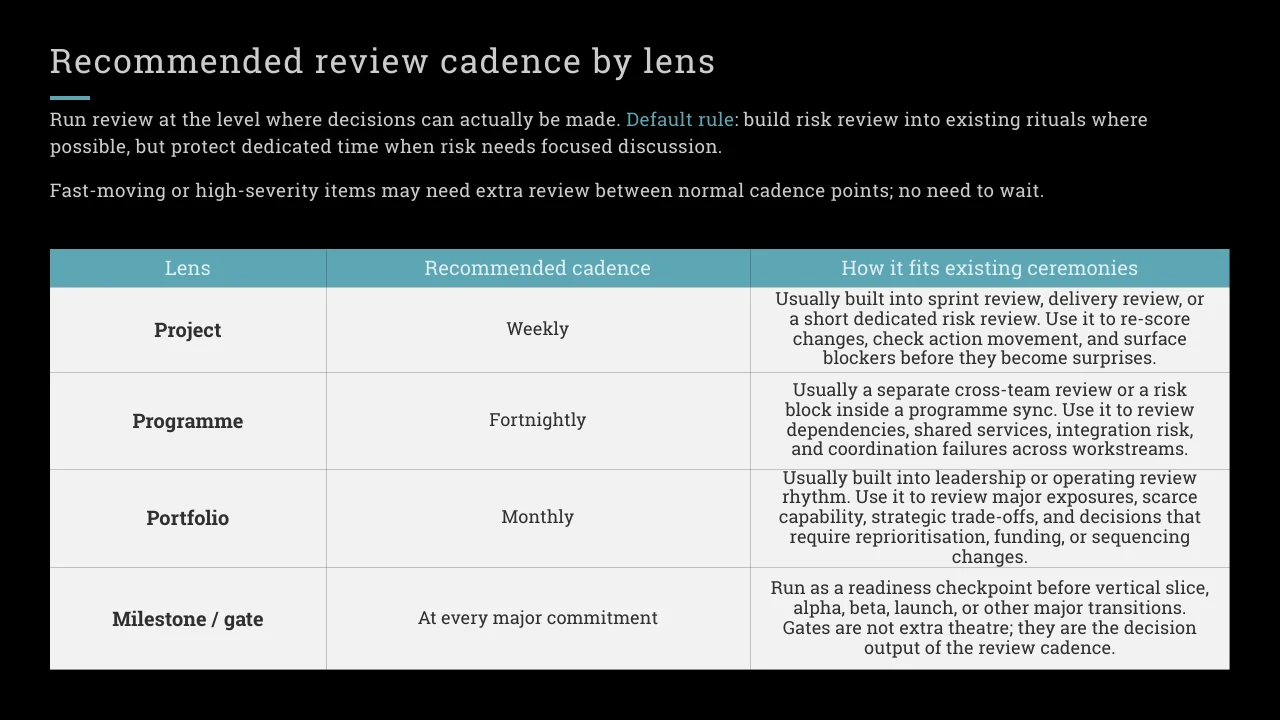 Course slide comparing recommended risk-review cadence at project, programme, portfolio and milestone levels.