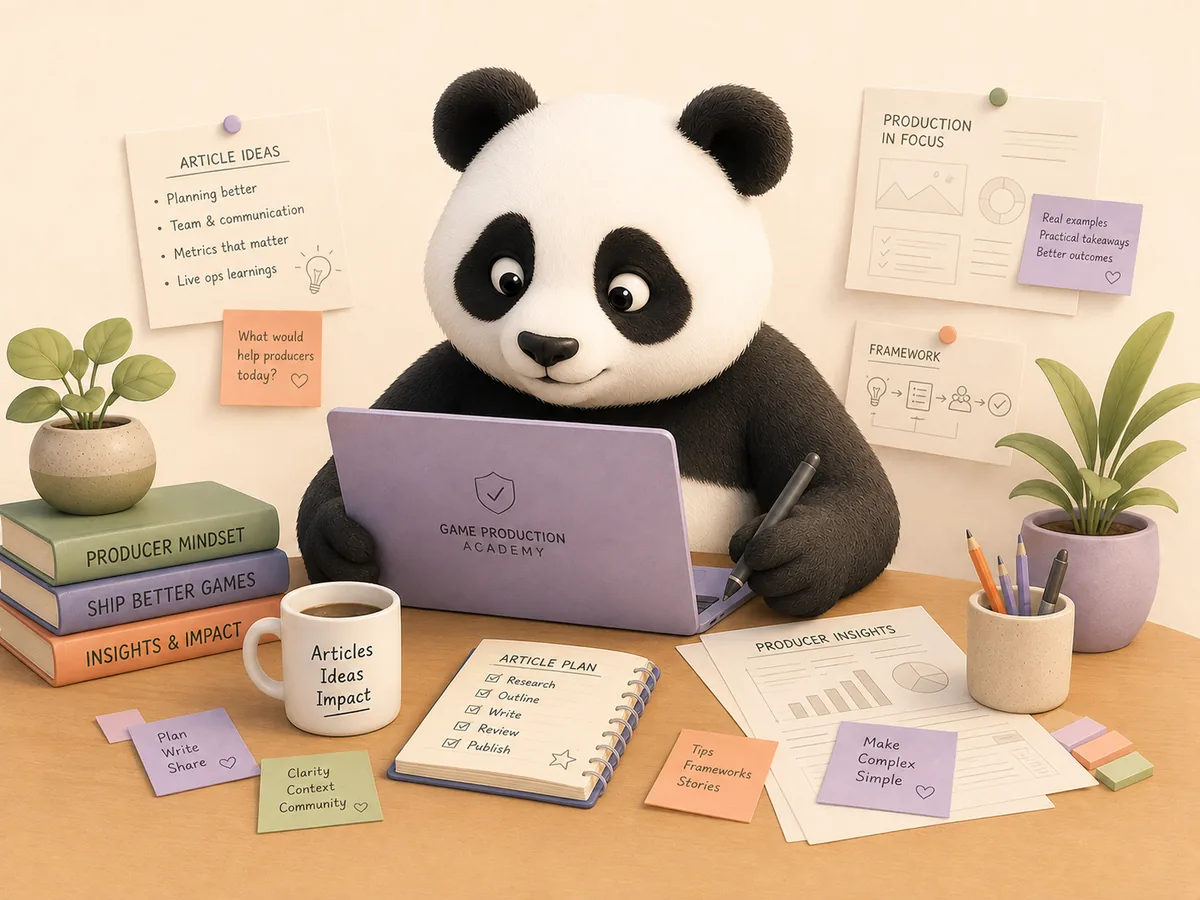 Production Panda working at a desk with planning notes, books and a laptop.