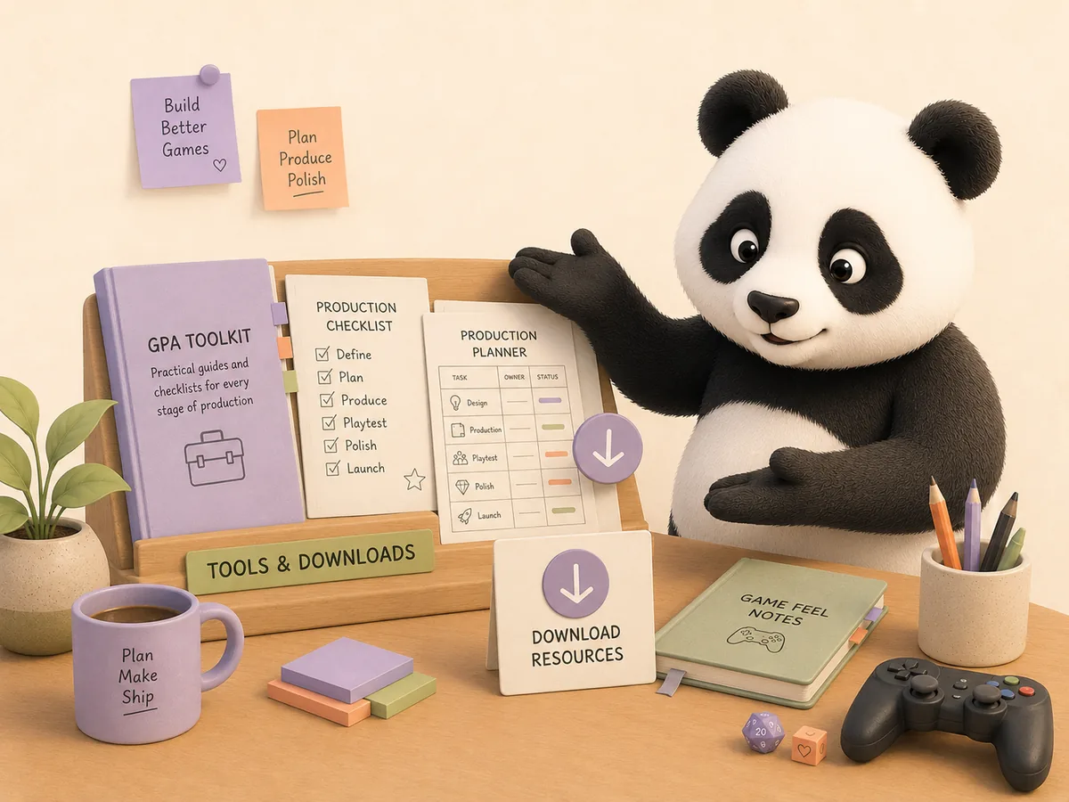 Production Panda presenting a desk of practical planning tools and resources.