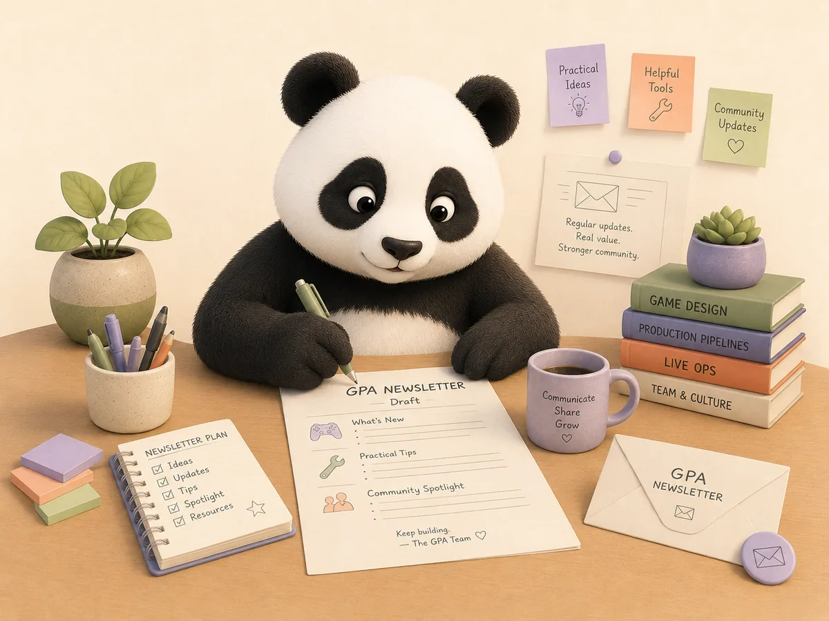 Production Panda drafting the Academy newsletter at a desk covered with notes and books.