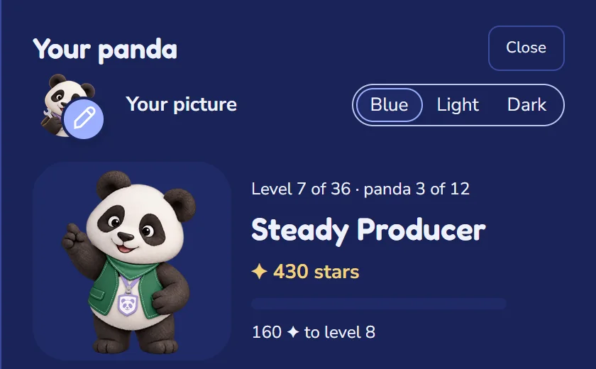 The top of the producer's panda card: Steady Producer, level 7, 430 stars and the panda.