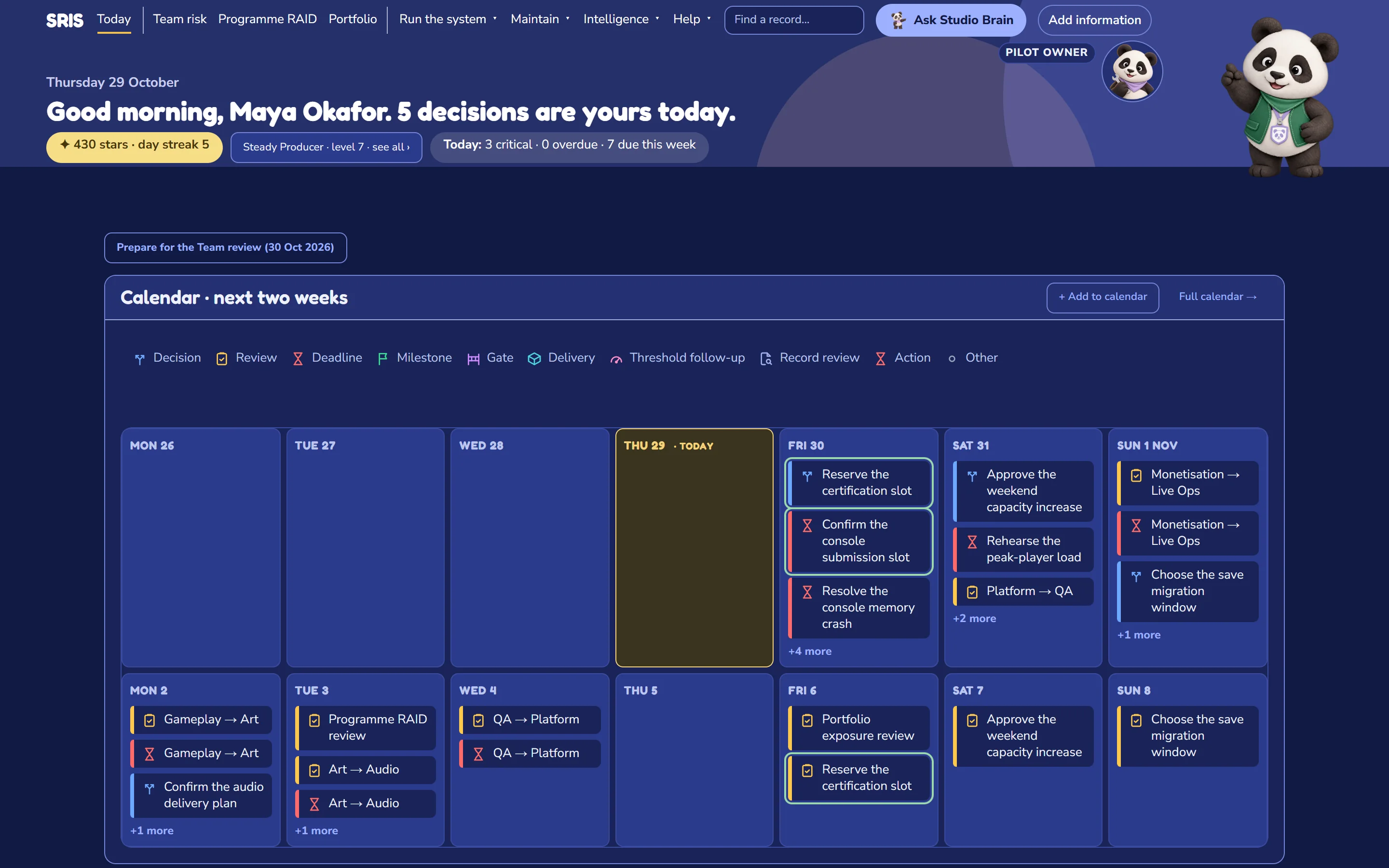 SRIS Today: a greeting with the producer's panda, 430 stars and level 7, and a two-week calendar of decisions and reviews.