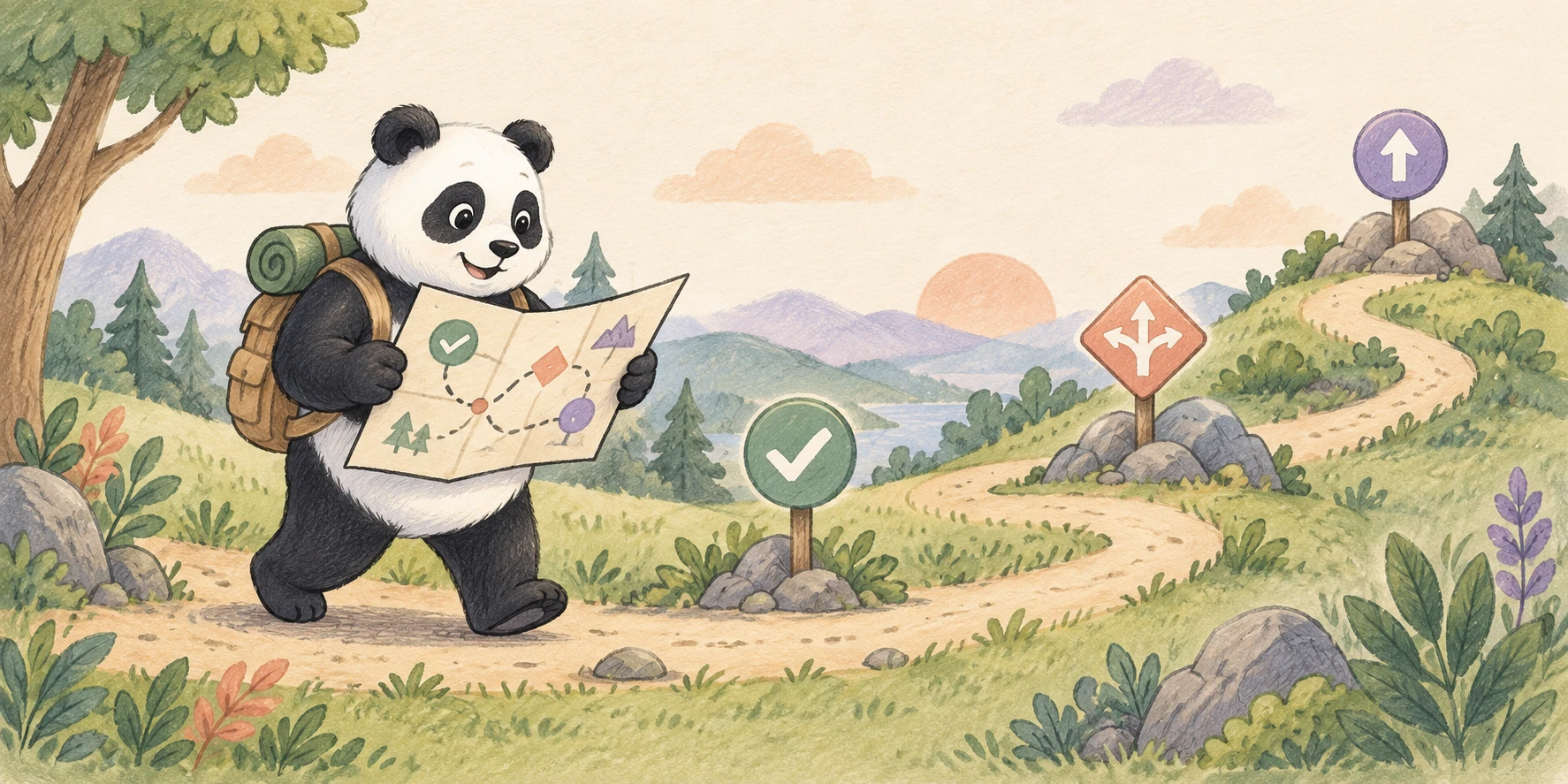 Production Panda follows a curved route while reading a folded map, passing review checkpoints, decision signs and an escalation marker.