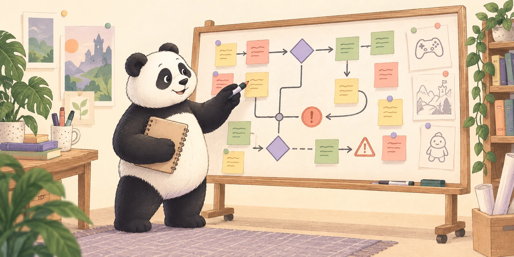 Production Panda reviews a working production board with connected notes, decisions and mitigation markers, holding a notebook and marker.