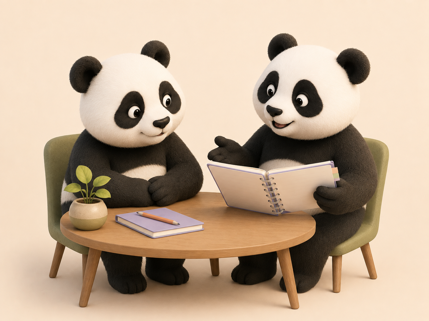 Two Production Pandas sharing notes and listening to each other.